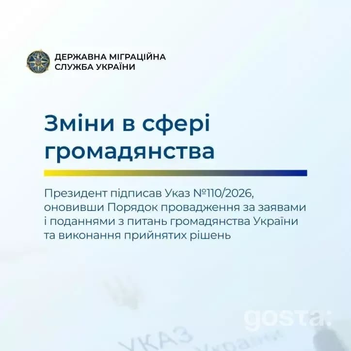 Зміни в громадянстві: Указ Президента України №110/2026, оновлення процедури за заявами до ДМСУ.