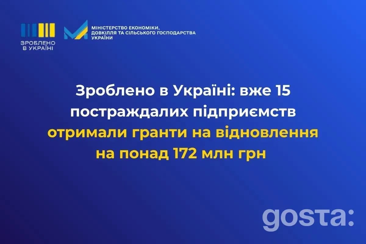 На синьому фоні текст про гранти для 15 українських підприємств на відновлення після обстрілів, сума — 172 млн грн.