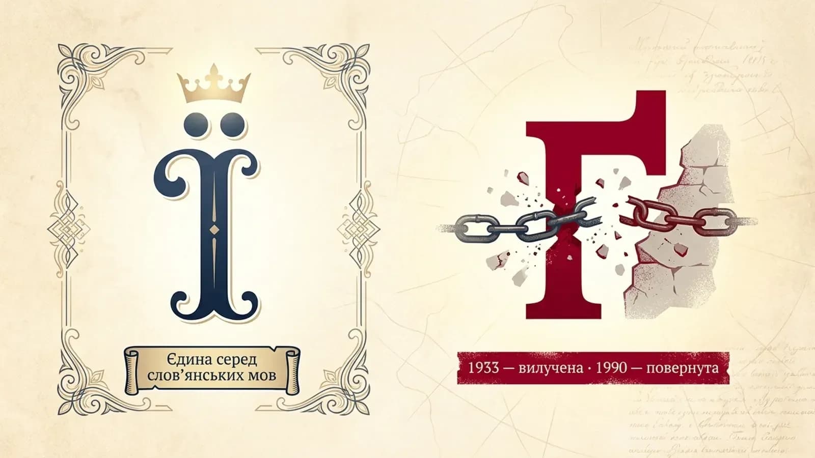 Літери Ї та Ґ — унікальні символи українського алфавіту: Ї єдина серед слов'янських мов, Ґ вилучена 1933 і повернута 1990 року