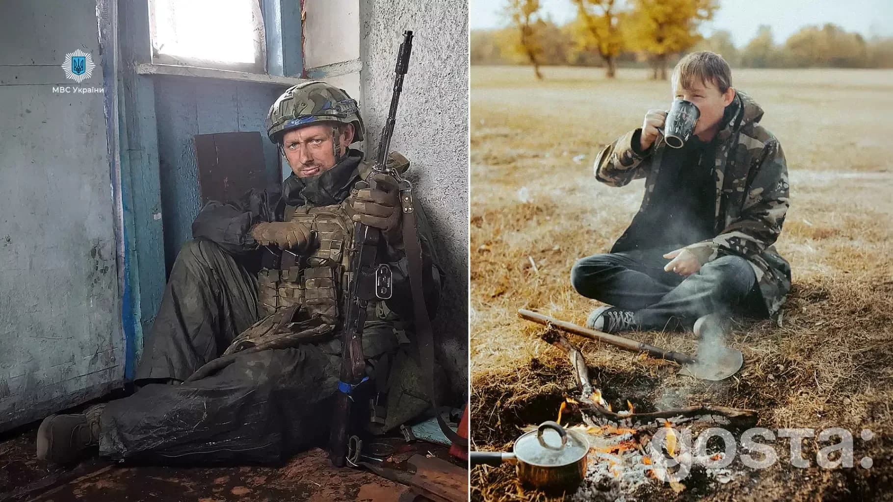 Alt text: "Порівняння реалій життя: військовий на службі та цивільний, що відпочиває на природі, обидва з України.