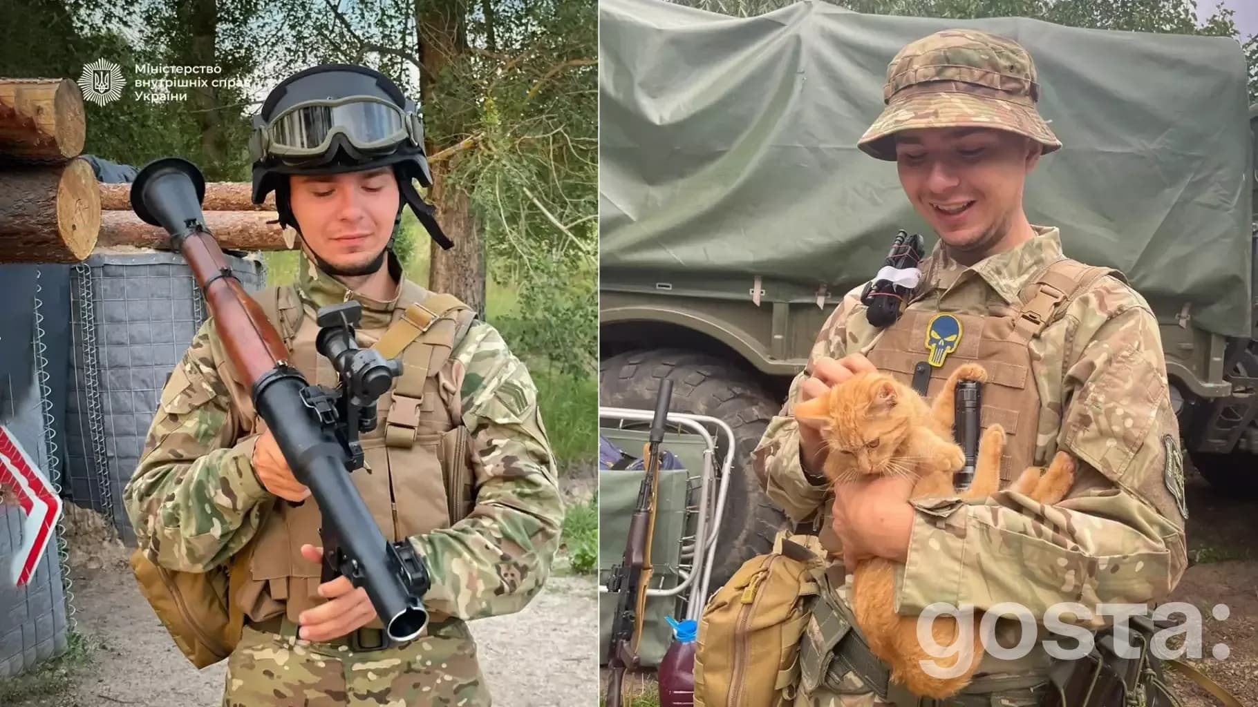 На фото двоє українських прикордонників у формі виконують різні завдання, один тримає зброю, інший грається з котом.