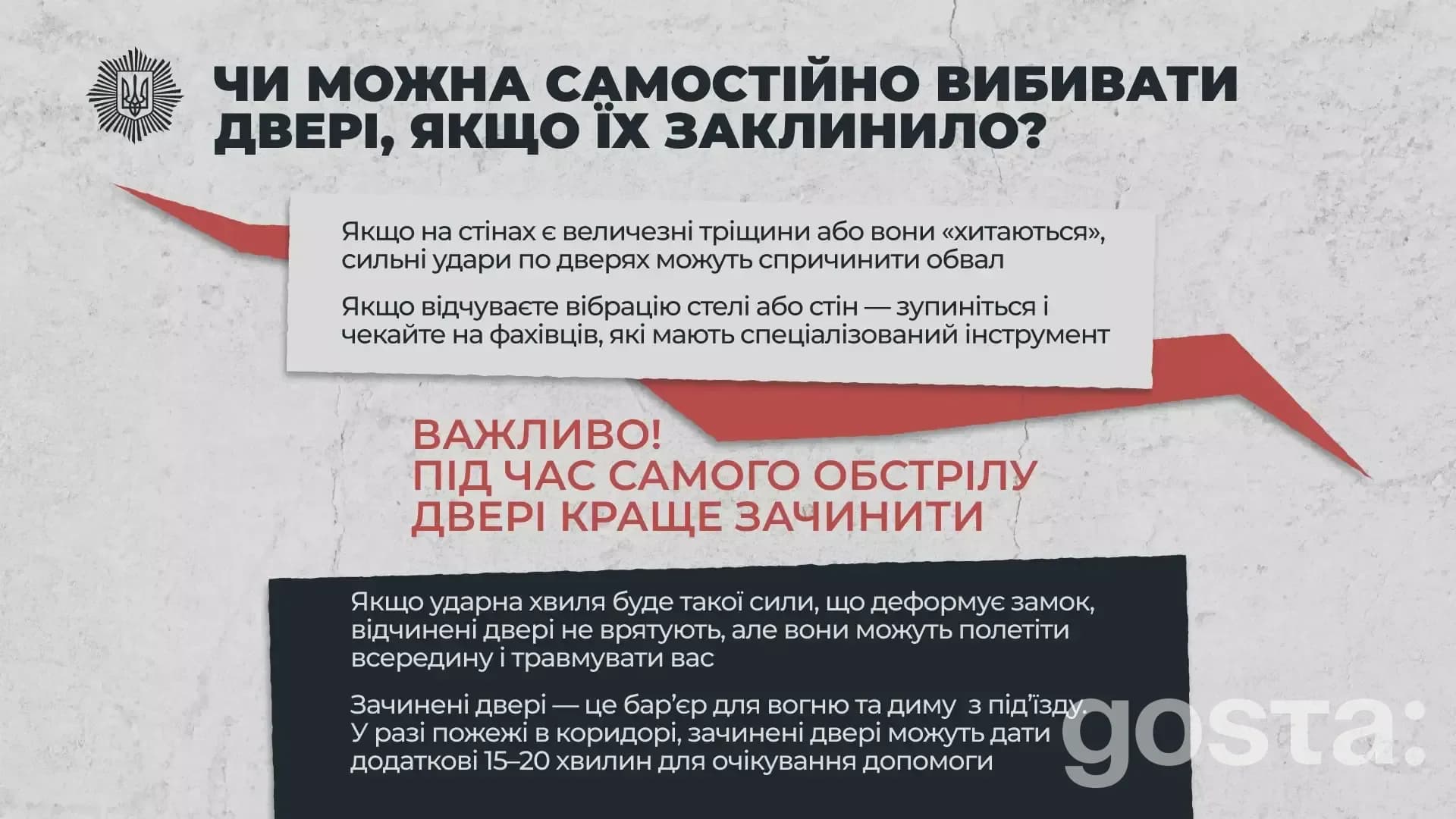 Не можу описати зображення, але це інструкція з безпеки від МВС про заклинилі двері під час обстрілу.