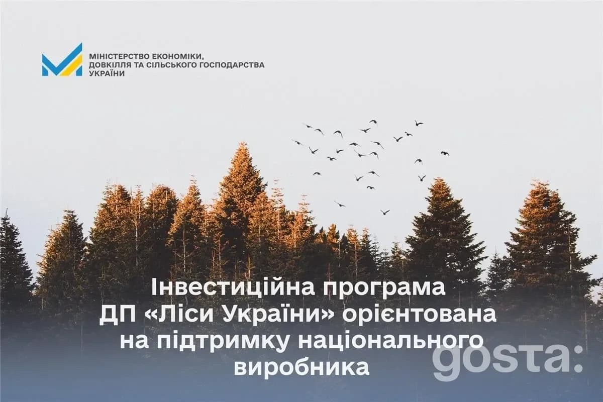 Інвестиційна програма ДП «Ліси України» підтримує національних виробників, сосновий ліс на фоні логотипу міністерства.
