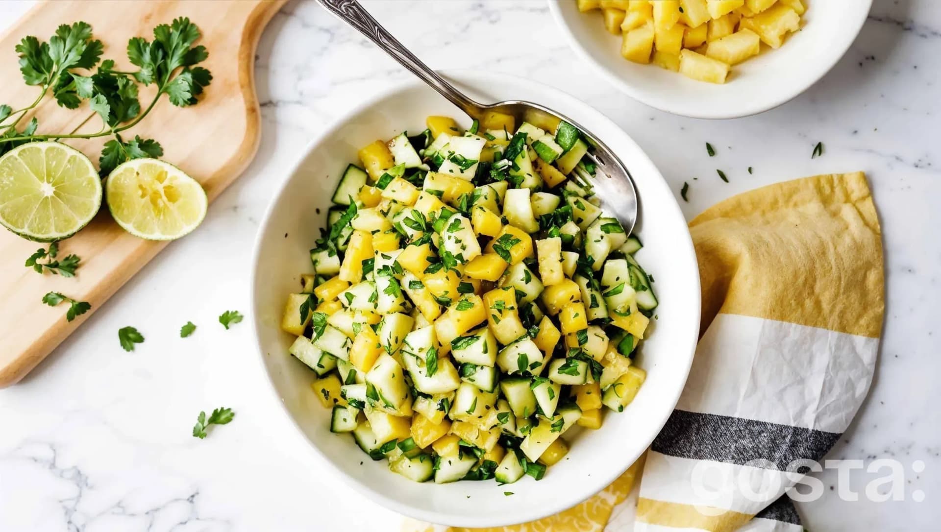 Pineapple, cucumber, and feta salad