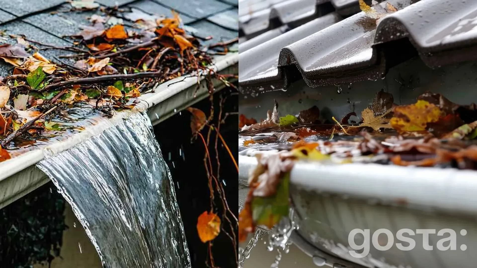 Close-up of clean versus clogged residential gutters