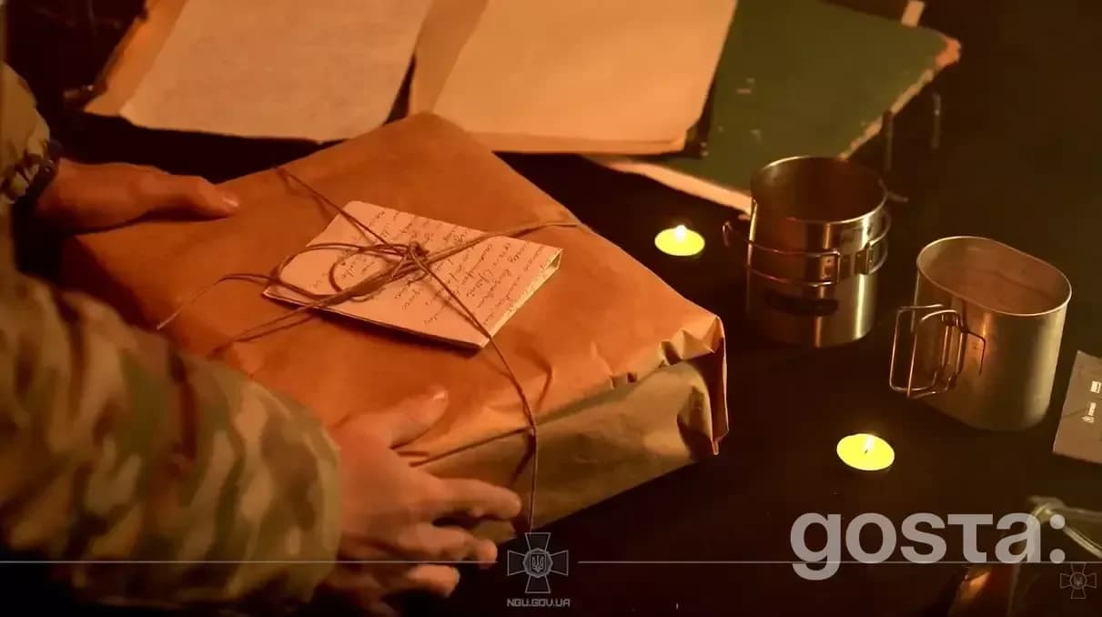 Alt text: Wrapped gift and letter on a table, candlelight creates a warm atmosphere in a military setting for Christmas.