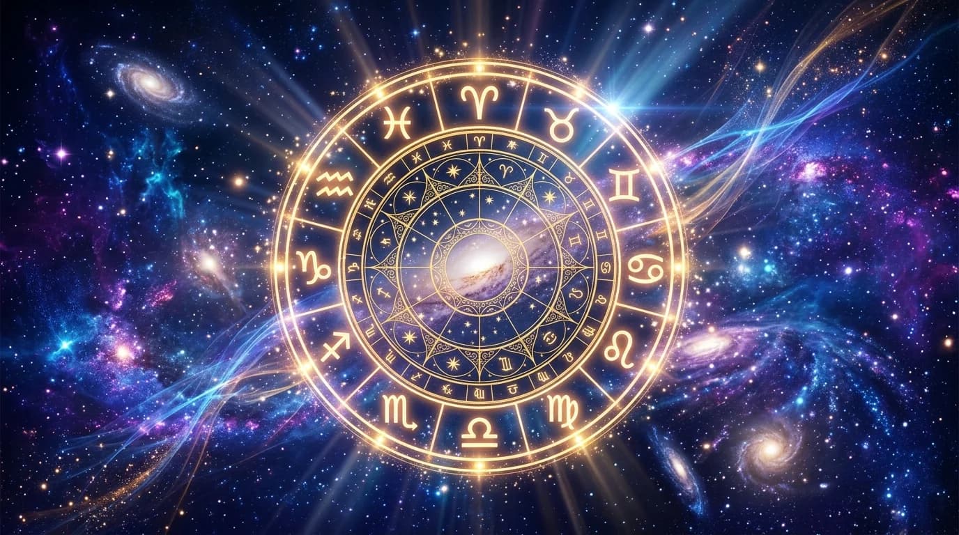 Astrological composition with zodiac symbols for horoscope on June 9, 2026