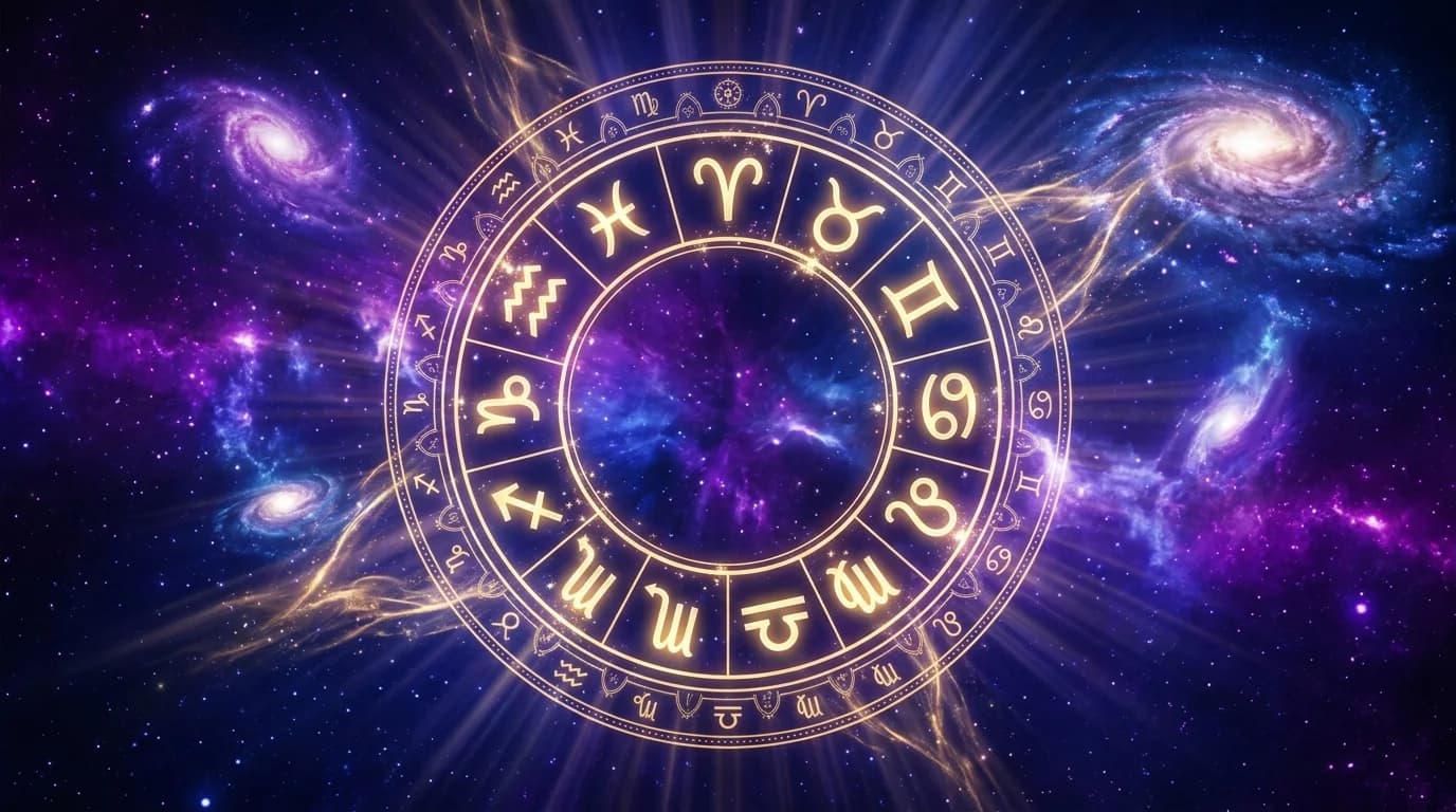 Astrological composition with zodiac symbols for horoscope on June 10, 2026