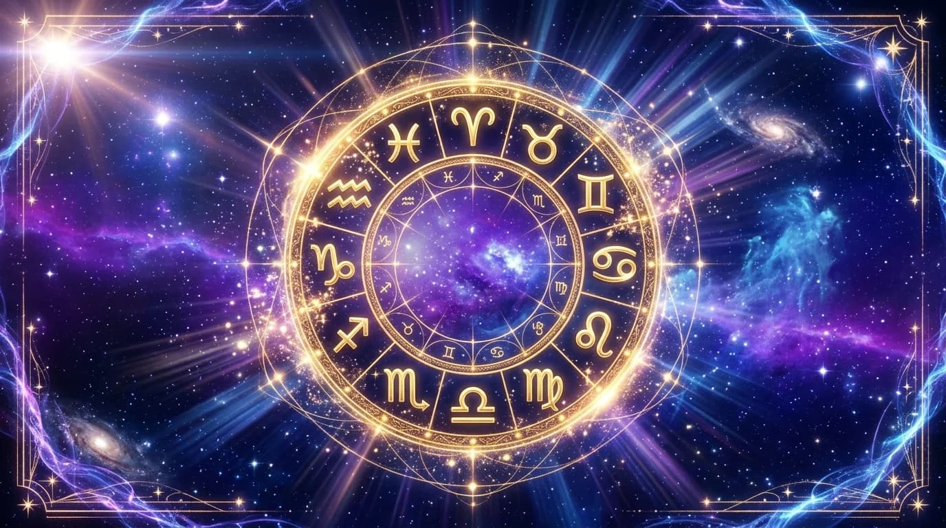 Astrological composition with zodiac symbols for horoscope on June 13, 2026