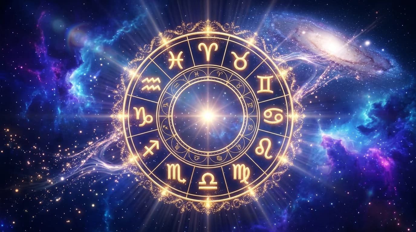 Astrological composition with zodiac symbols for horoscope on June 14, 2026
