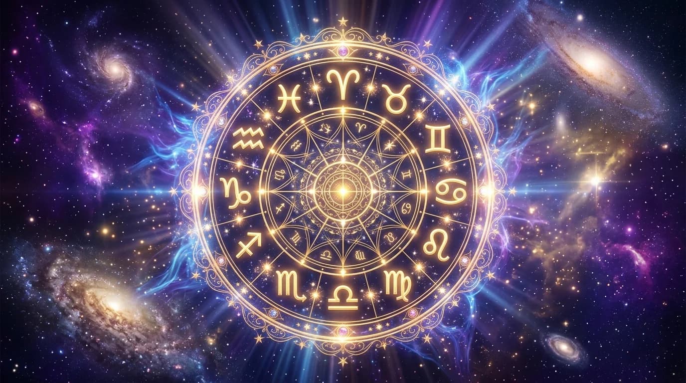 Astrological composition with zodiac symbols for horoscope on June 16, 2026
