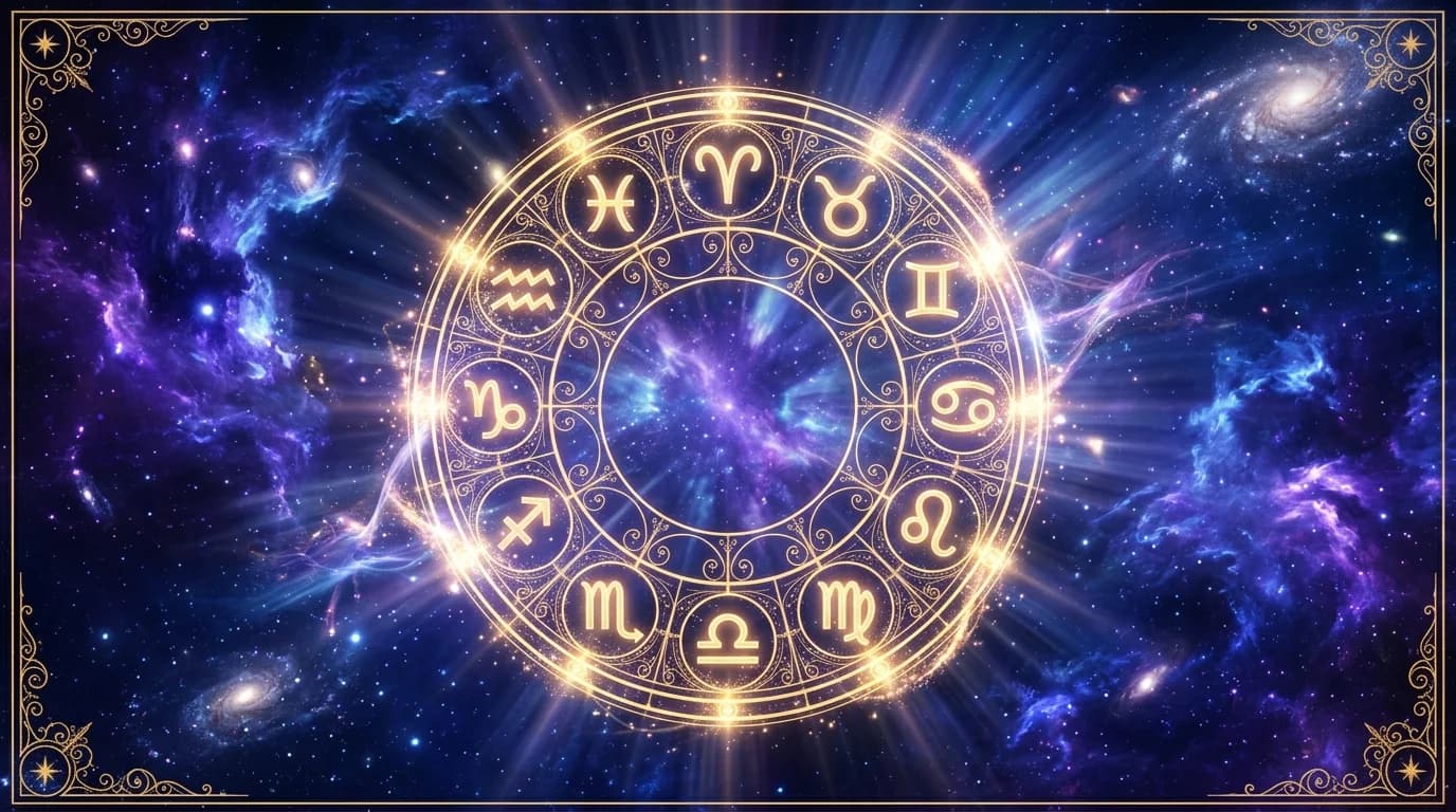 Astrological composition with zodiac symbols for horoscope on June 18, 2026
