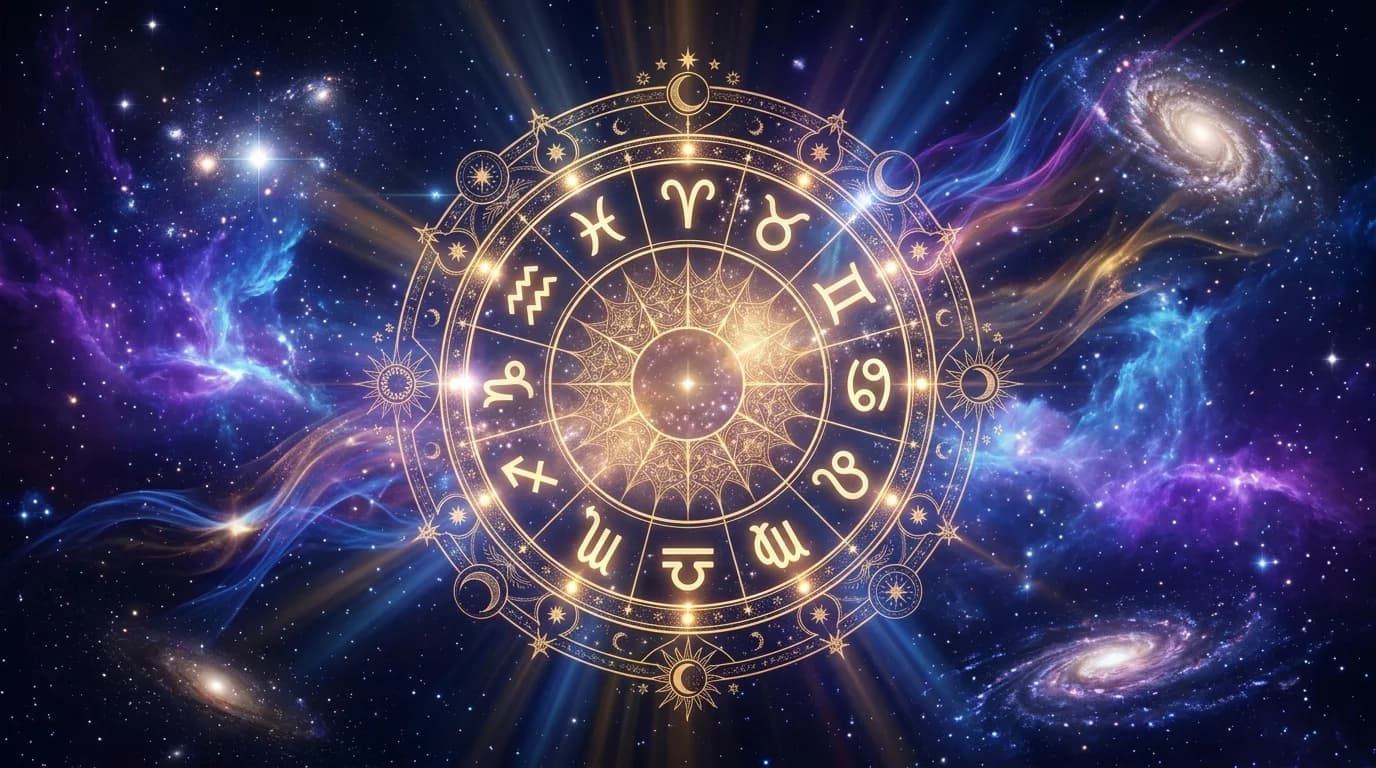 Astrological composition with zodiac symbols for horoscope on June 19, 2026