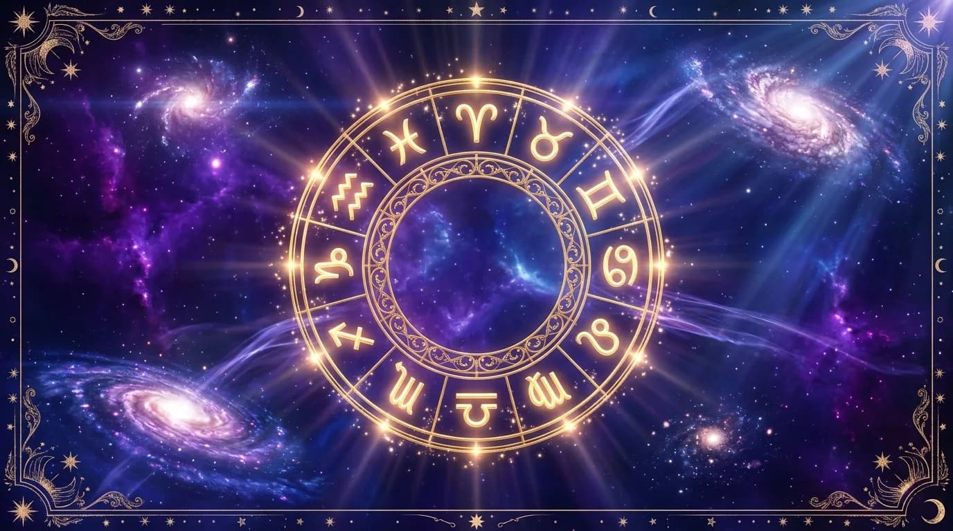 Astrological composition with zodiac symbols for horoscope on June 21, 2026