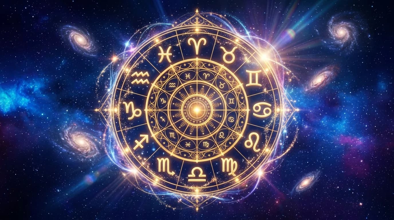Astrological composition with zodiac symbols for horoscope on June 22, 2026