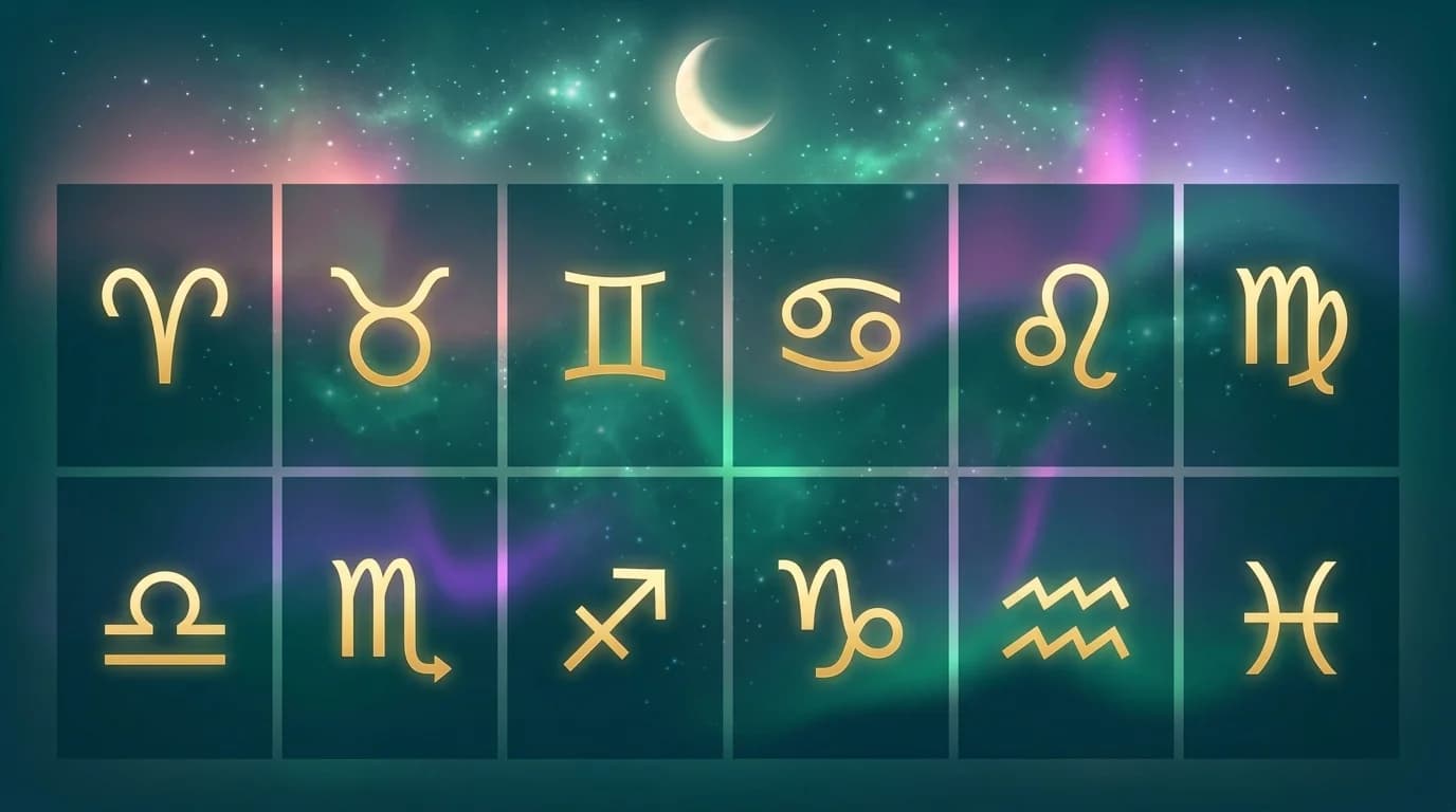 Astrological composition with zodiac symbols for horoscope on June 23, 2026