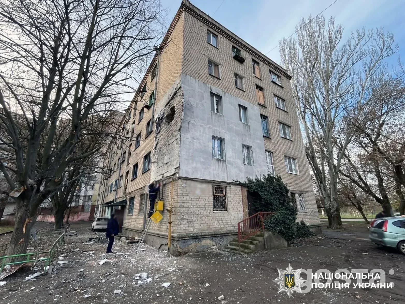 Destruction from Russian drone strikes in Ukraine, showcasing damage to residential buildings and emergency response eff