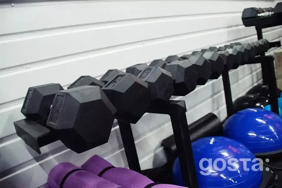 Dumbbells and fitness equipment in a rehabilitation centre for Ukrainian National Guard servicemen in Prykarpattya.