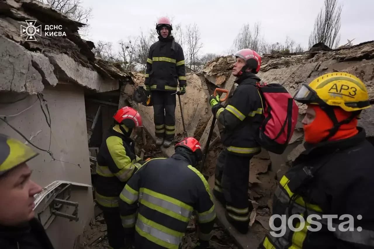 Emergency responders search for survivors in the aftermath of a Russian attack in Kyiv, amidst destruction and debris.