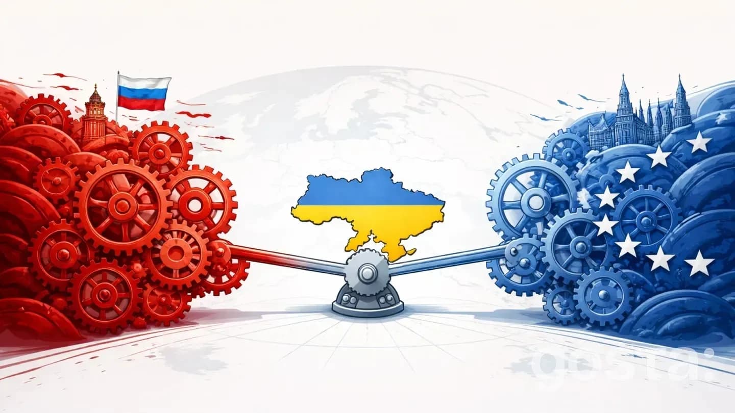 Russia and Ukraine gears in a global balance, symbolising geopolitical tensions and future scenarios for 2026.