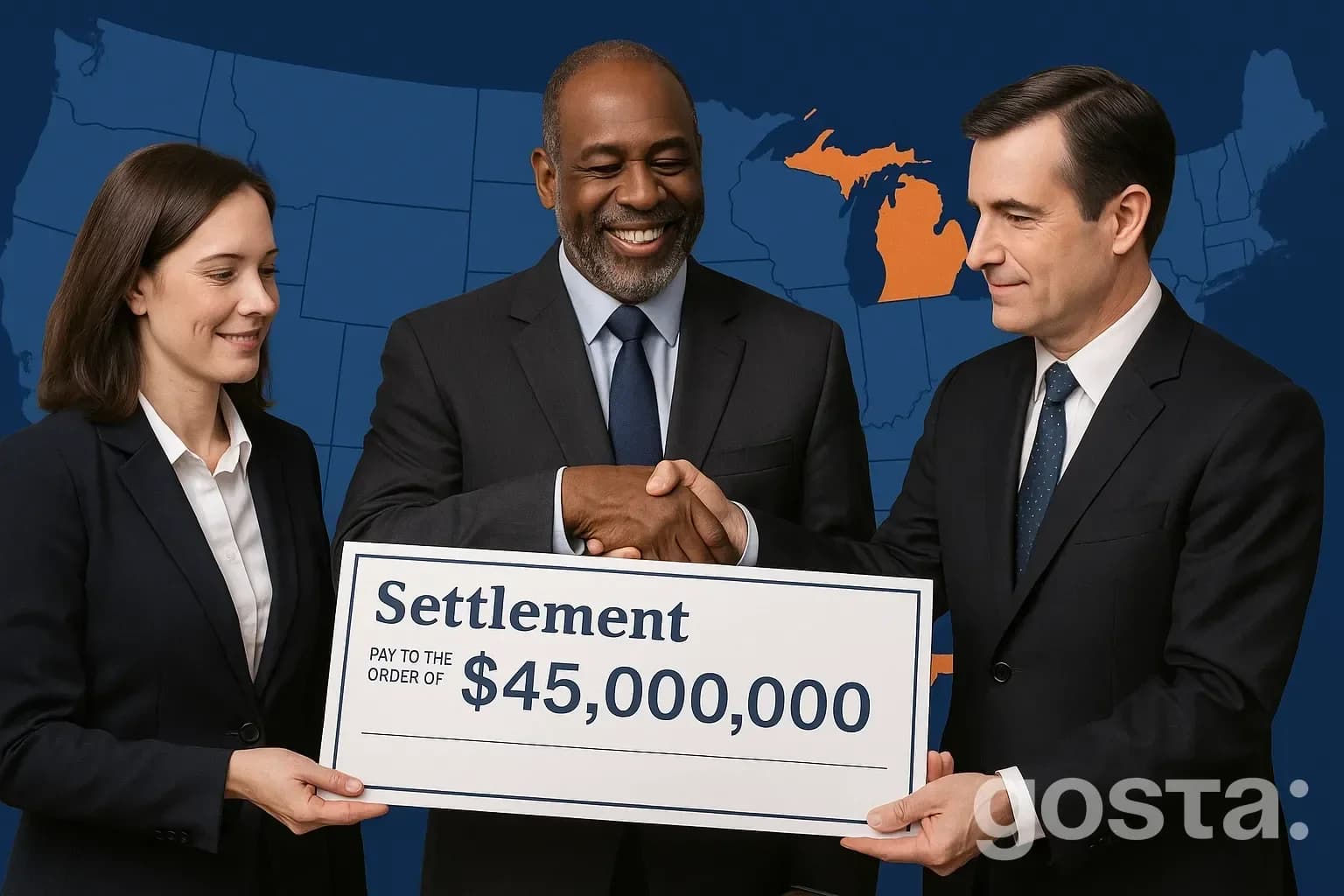 Settlement check presentation; map highlighting the three involved states