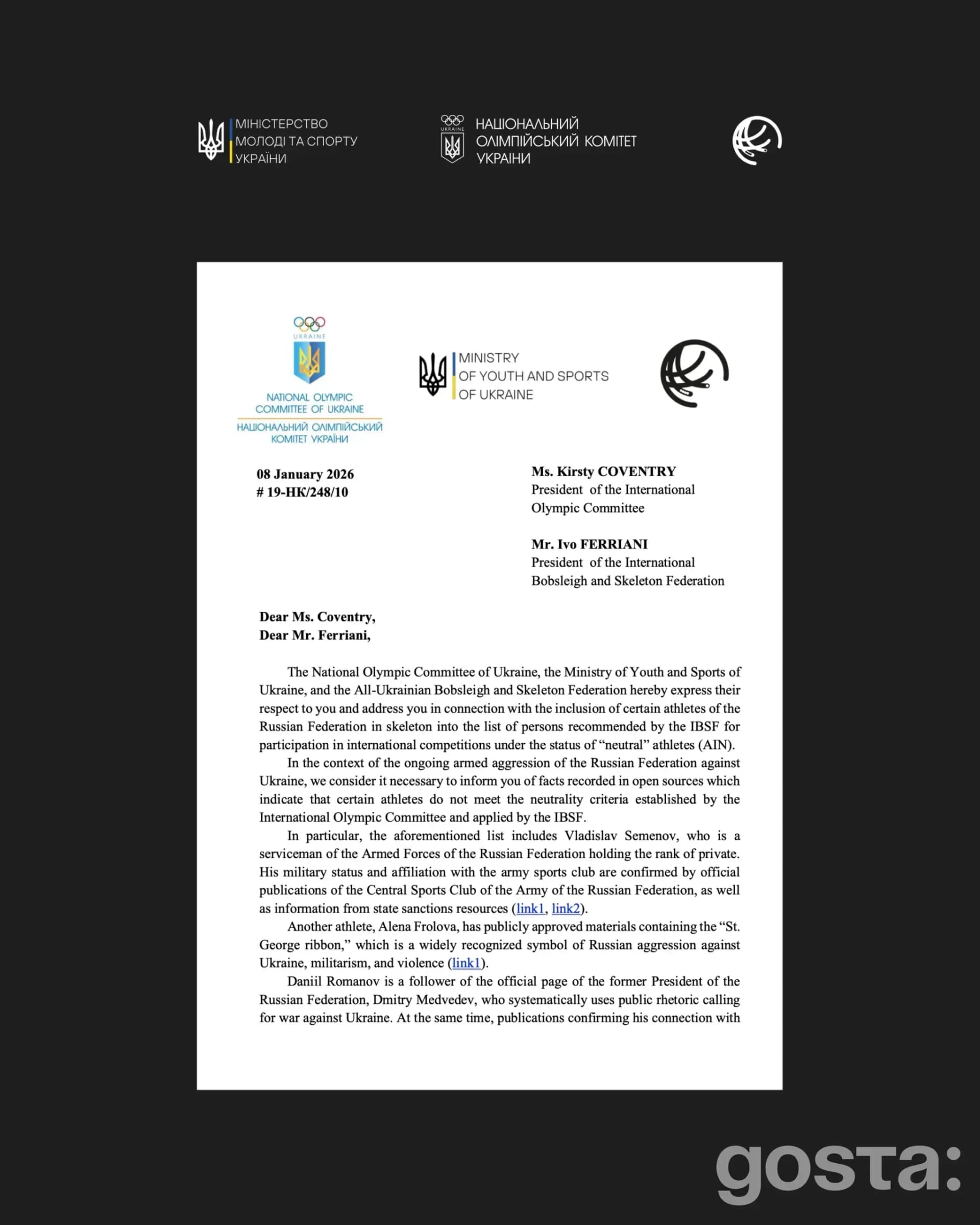 Ukrainian sports bodies urge the IOC and IBSF against Russian athletes' participation as 'neutral competitors'.